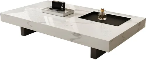 Vista 4 de LAKIQ Mesa central rectangular para sala de estar, mesa de centro moderna con parte superior de piedra con bandeja negra pequeña