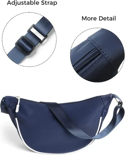 Vista 4 de Pequeño bolso cruzado para mujeres y hombres, mini bolso bandolera con correa ajustable y cremallera, bolsa ligera de media luna para viajes