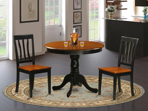 Vista 2 de East West Furniture ANTI3-BLK-W Juego de mesa y sillas de cocina de 3 piezas contiene una mesa de comedor redonda con pedestal y 2 sillas de asiento