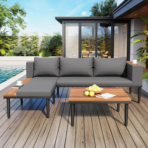 Vista 14 de KLMM Sofá modular de madera de acacia en forma de L para patio con cojines extraíbles y mesa auxiliar, juego de conversación al aire libre con mesa