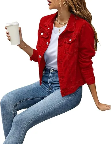 Vista 3 de Chvity Chaquetas de mezclilla para mujer, estilo casual, de manga larga, con botones, con bolsillos