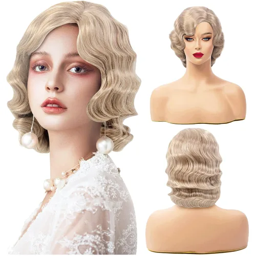 Vista 9 de IEBIYO Peluca rubia de los años 20 para mujer, peluca rubia con ondas de dedo, peluca vintage de pelo sintético para Halloween, cosplay, fiesta