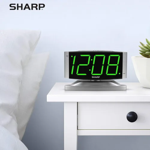 Vista 5 de Sharp Reloj despertador digital con base giratoria, LED verde, atenuador Led verde - caja plateada