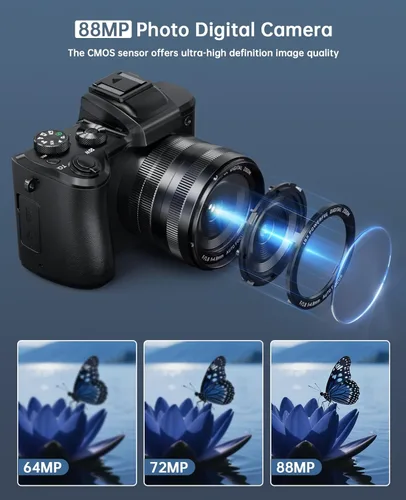 Vista 3 de Cámaras digitales 8K para enfoque automático de fotografía, actualización 2026 88MP WiFi profesional 16X Zoom cámara de fotografía con doble lente
