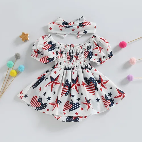 Vista 3 de KtwHarnu Traje de bebé niña del 4 de julio, traje de manga corta con diseño de bandera estadounidense, vestido fruncido, falda, ropa patriótica