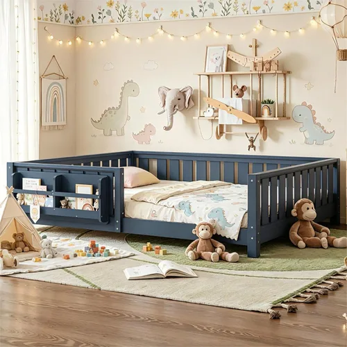 Vista 17 de Marco de cama Montessori Twin con estantería y barandillas, color beige