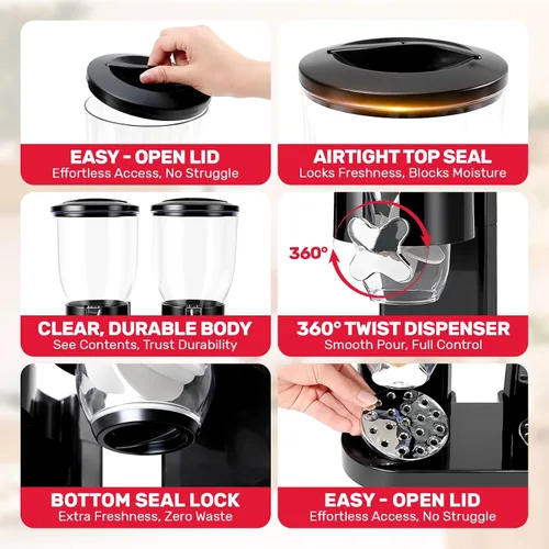 Vista 2 de Dispensador de cereales de doble control para encimera, paquete de 2 recipientes de cereales de 2 litros con tapas herméticas, dispensador giratorio