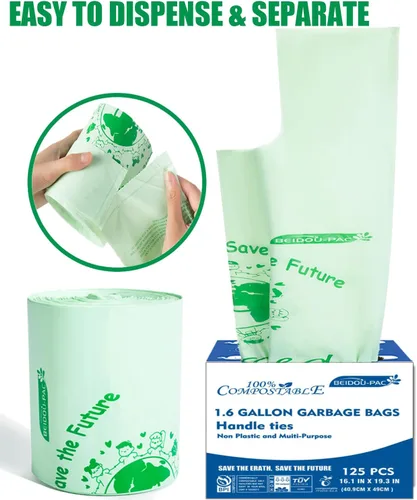 Vista 7 de BEIDOU-PAC Bolsas de basura compostables certificadas de 1.6 galones con asa, 125 bolsas de basura pequeñas de compost para cocina, bolsas de basura