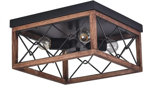 Vista 4 de TFCFL Retro Industrial Style Ceiling Light,Square Wrought Iron Ceiling Lamp with Wooden Lampshade,4-Light Flush Mount Ceiling Lights Fixtures for