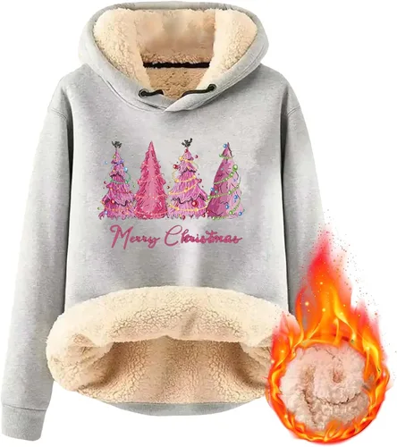 Vista 4 de Sudadera con capucha para mujer con estampado de Navidad y terciopelo grueso, cálido, suelto, sudadera con capucha para mujer con cremallera