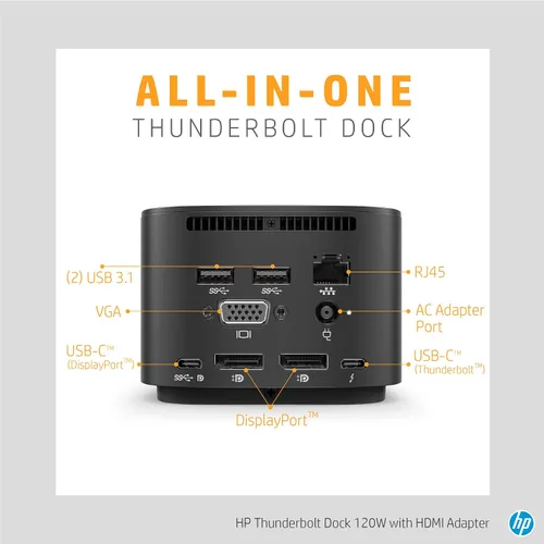 Vista 4 de HP Base Thunderbolt de 120 W con adaptador HDMI, estación de acoplamiento universal USB-C, un cable, múltiples conexiones, con una sola conexión