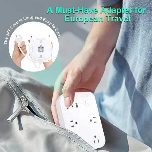 Vista 7 de Adaptador de enchufe de viaje europeo, regleta europea con 4 salidas de CA, 1 USB C y 2 puertos USB, adaptador de enchufe de Europa a EE. UU. Tipo C