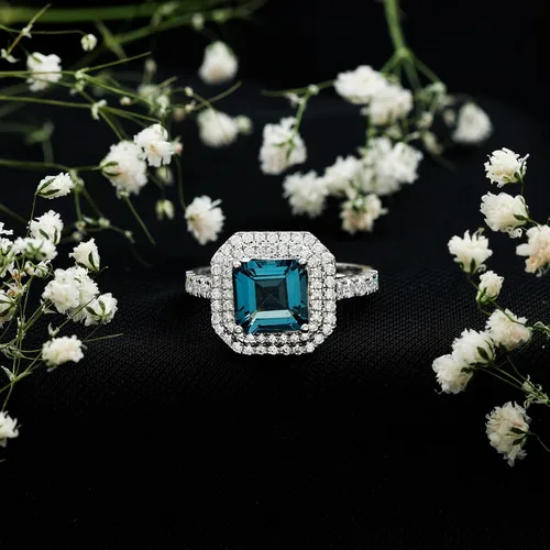 Vista 5 de Anillo de compromiso natural de corte Asscher con topacio azul Londres con moissanita, calidad AAA, anillo de compromiso de doble halo certificado
