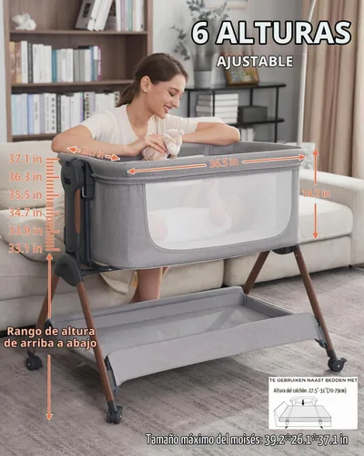 Vista 6 de Cuna para bebé - Cuna para dormir al lado de la cama, Cunas al lado de la cama 3-en-1 para bebé, Cuna con movimiento, con colchón cómodo, ruedas