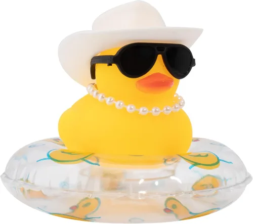 Vista 12 de wonuu Pato de goma para automóvil, decoración de pato amarillo con sombrero para el sol, anillo de natación, collar, gafas de sol para decoración
