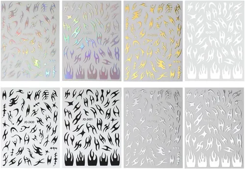 Vista 2 de 8 hojas de calcomanías de arte de uñas con llama irregular, plateado metálico, negro, blanco, oro, calcomanías autoadhesivas Y2k para diseño de uñas