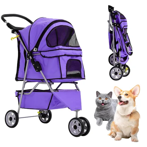 Vista 9 de Cochecito para perros con cesta de almacenamiento, cochecito para mascotas de 3 ruedas, transpirable, compacto, portátil, plegable, para viajes