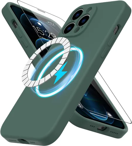 Vista 37 de DEENAKIN Funda magnética de silicona para iPhone 12 Pro con protector de pantalla, compatible con MagSafe, protección de cámara, funda protectora