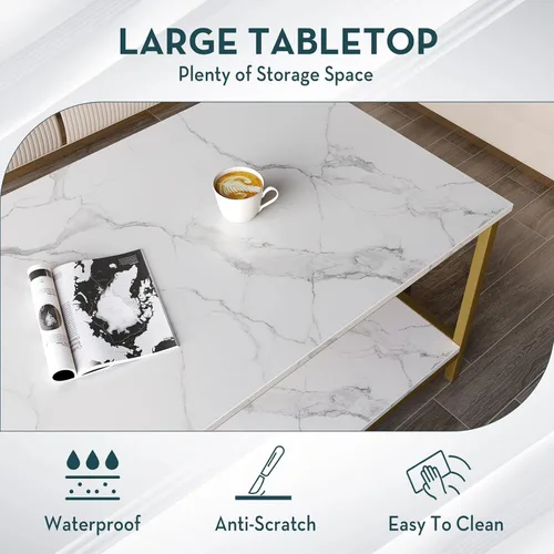 Vista 6 de SAYGOER Mesa de centro moderna de 2 niveles para sala de estar, mesas de centro de oro blanco, mesa rectangular industrial de madera para espacios