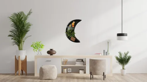 Vista 5 de Kirpi Estante original de luna negra para cristales, decoración de pared de Halloween, estante flotante de madera de luna, estantes flotantes