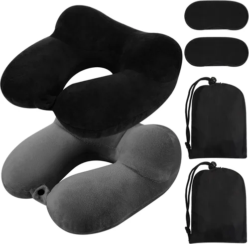 Vista 12 de Sintuff Paquete de 2 Almohadas de Viaje Inflables para Aviones Almohadas de Vuelo Inflables para el Cuello con Bolsa Compacta y Antifaz para Viajar