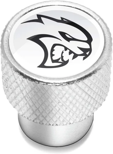 Vista 2 de iPick Image Para Dodge SRT Hellcat en blanco sobre tapas de vástago de válvula de neumático de aluminio plateado brillante