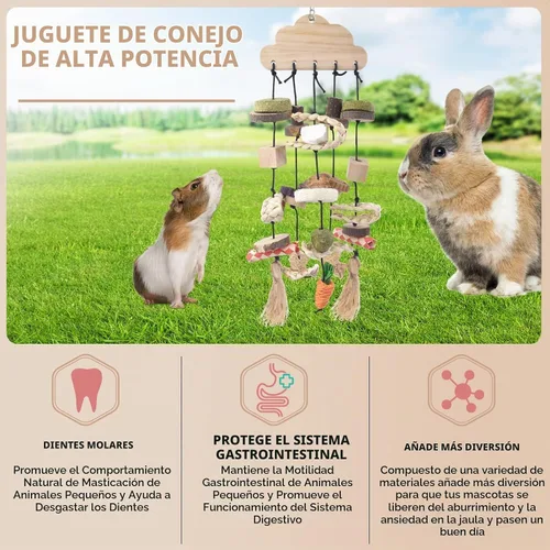 Vista 4 de Bissap Juguete Masticable para Conejos, Juguetes Masticables Colgantes para Jaula de Conejo y Golosinas de Madera con Aperitivos para Conejillos