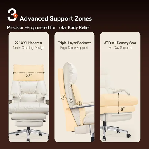 Vista 8 de OKUP M76 - Silla de oficina ejecutiva reclinable de 160° con reposapiés, silla de oficina de cuero con profundidad de asiento ajustable, cojín Crema
