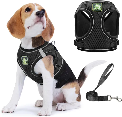 Vista 10 de Arnés para perro con juego de correa, arnés de paso ajustable, suave, acolchado y transpirable para perros de tamaño mediano, arnés de chaleco Rosa