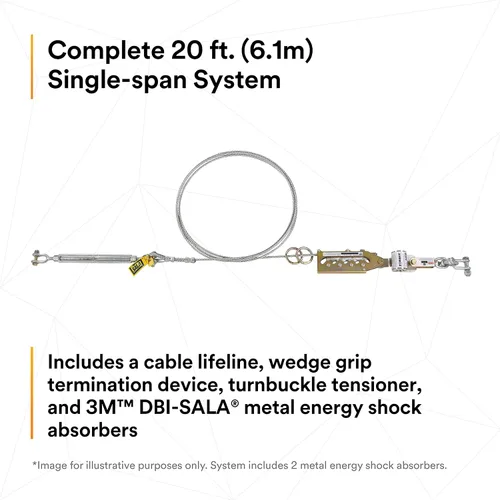 Vista 4 de 3M DBI-SALA Sayfline 7602020 Sistema de línea de vida horizontal, cable de 20 pies con terminación Wedgegrip, tensor de tensor, absorbente