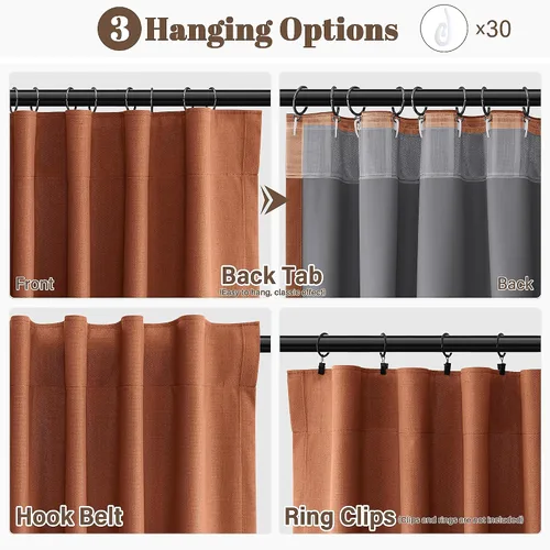 Vista 25 de Guken Cortinas opacas de lino, 2 paneles rústicos, elegantes, 100% opacas, con aislamiento térmico, banda de ganchos y trabilla trasera, 52 x 84