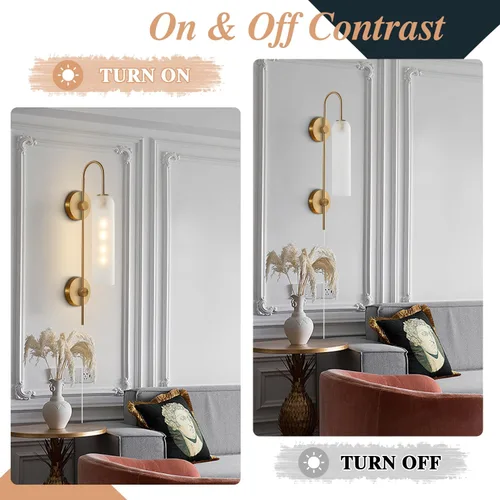 Vista 4 de BOKT Apliques de pared modernos de mediados de siglo con enchufe para interiores, largos, oro cepillado, vidrio blanco leche, apliques