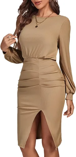 Vista 4 de Rooscier Vestido midi de punto acanalado con cuello redondo y manga larga abombada para mujer