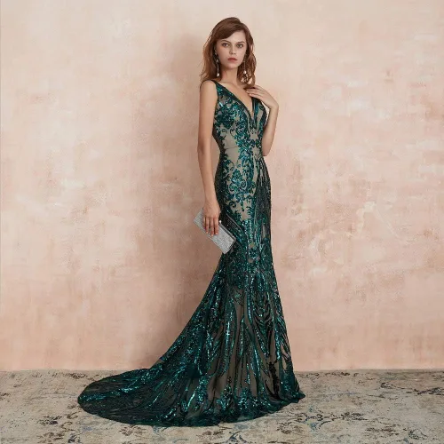 Vista 3 de Engerla Vestidos de noche con cuello en V de sirena, vestidos de baile de graduación, vestido de fiesta para mujer, vestidos de celebridades