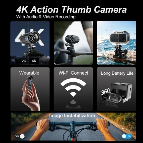 Vista 2 de Mini cámara corporal portátil 4K – Cámara de acción magnética tamaño pulgar de 64 GB, estabilización de 6 ejes, grabación de audio/video, POV manos