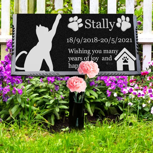 Vista 14 de Marcador personalizado para tumbas para mascotas con foto, piedra conmemorativa de gatos, lápida de granito negro personalizada grabada con láser