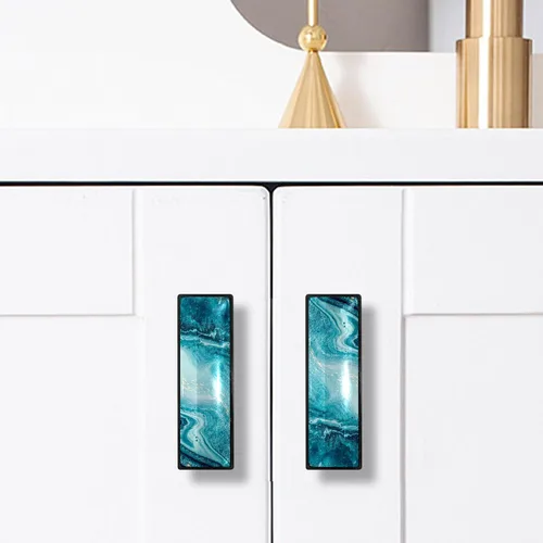 Vista 5 de LORVIES Paquete de 4 pomos decorativos de mármol de 3.6 pulgadas para gabinete, vidrio ABS largo rectangular negro, manijas de puerta de cajón