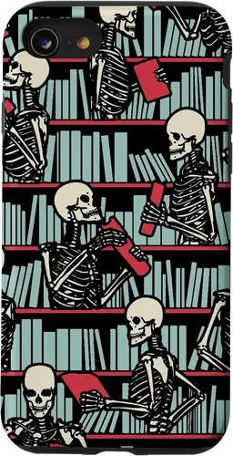 Vista 18 de iPhone 16 Bookish Public Library Skeleton Goth Librarian Books Pattern Case