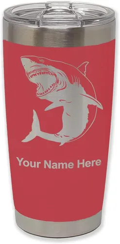 Vista 22 de LaserGram Vaso aislado al vacío de 20 onzas, gran tiburón blanco, grabado personalizado incluido (negro)