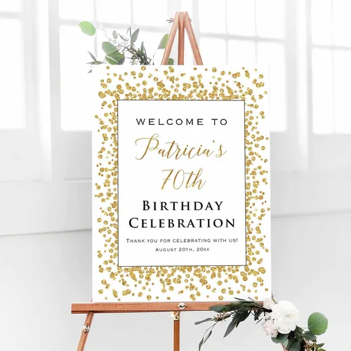 Vista 3 de Cartel de bienvenida de celebración de cumpleaños con purpurina dorada impresa (no lámina real), letrero decorativo personalizado para fiesta