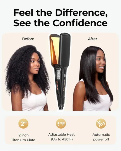 Vista 2 de Plancha de titanio para cabello natural, plancha de pelo de 2 pulgadas para cabellos gruesos, plancha plana de seda con placa ancha