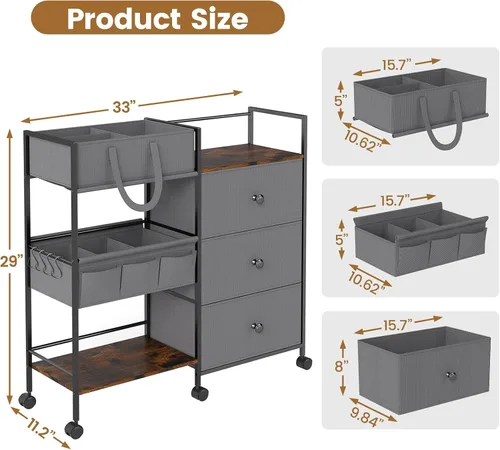 Vista 2 de Organizador de pañales de 3 niveles y carrito de almacenamiento, artículos esenciales para bebés con 2+2 divisores y 3 cajones, carrito rodante