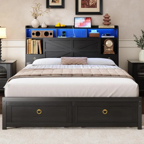 Vista 15 de TIGUBFRE - Base de cama individual con cabecera de almacenamiento, base de cama de madera estilo granja tamaño individual con 3 cajones, luz LED