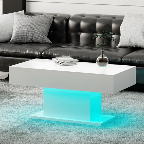 Vista 15 de HedoAjim - Mesa de café LED para sala de estar, mesa rectangular central de sala de estar, mesas de café modernas de madera con alto brillo y luces