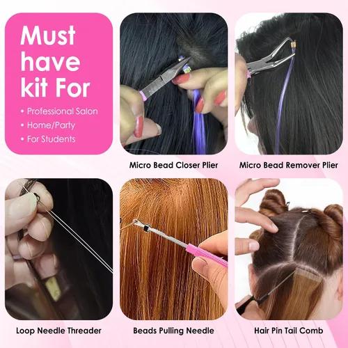 Vista 7 de Beauty & Crafts Herramientas de extensión de cabello, juego de alicates de acero inoxidable para microcuentas, 1 aguja de ganchillo, 1 gancho