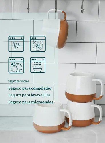 Vista 2 de Teocera Juego de 4 tazas de café de cerámica de 12 oz con asas grandes para bebidas calientes o frías como café con leche, cacao, té o jugo Beige