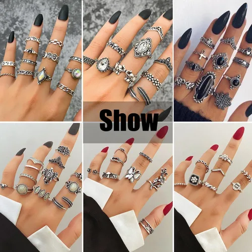 Vista 5 de Juego de anillos de nudillos de plata vintage para mujeres y hombres, anillos gruesos estéticos de serpiente grunge, apilables, anillo gótico