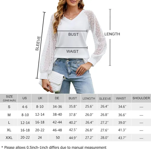 Vista 4 de MINTLIMIT Blusa de manga larga con encaje para mujer, estilo informal, elegante, de verano, holgada, de punto, cuello en V, sin botones
