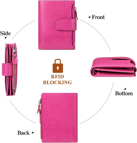 Vista 4 de FALAN MULE Cartera pequeña para mujer, de piel auténtica, plegable, compacta, con bloqueo RFID, pequeña cartera para mujer, Rosa Rojo, Casual