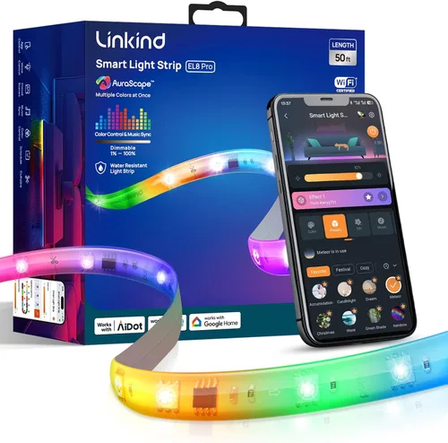 Vista 8 de Linkind AuraScape - Tira de luces LED inteligentes de 10 pies, tira de luz WiFi segmentada que cambia de color, compatible con Alexa y Google Home